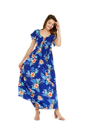 Women's Maxi Ruffle Sleeve Dress in Hibiscus Blue