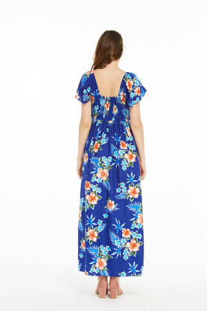Women's Maxi Ruffle Sleeve Dress in Hibiscus Blue