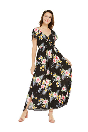 Women's Maxi Ruffle Sleeve Dress in Hibiscus Black