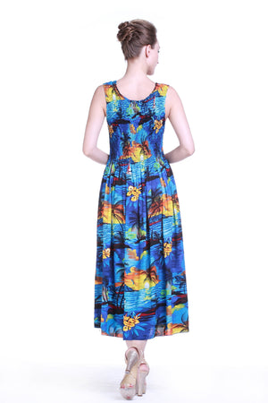 Women's Maxi Tank Elastic Luau Dress Sunset Blue