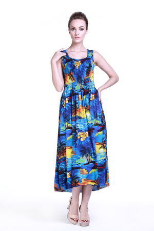 Women's Maxi Tank Elastic Luau Dress Sunset Blue