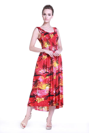 Women's Maxi Tank Elastic Luau Dress Sunset Red