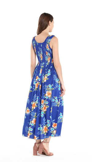 Women's Maxi Tank Elastic Luau Dress in Hibiscus Blue