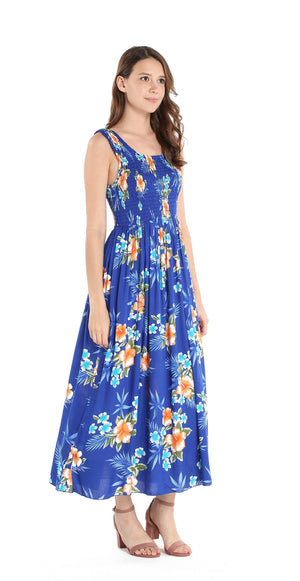 Women's Maxi Tank Elastic Luau Dress in Hibiscus Blue