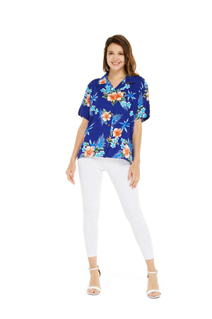 Women's Lady Aloha Shirt in Hibiscus Blue