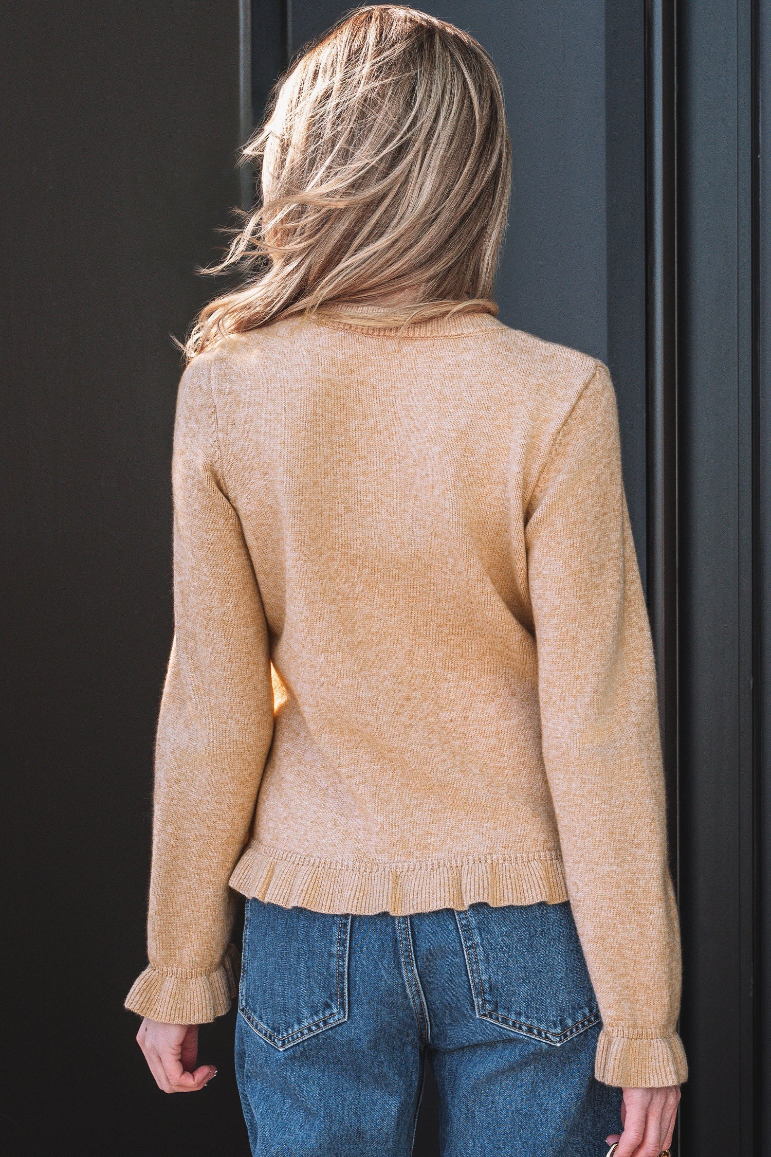 Yamileth Oatmeal Ruffle Trim Sweater