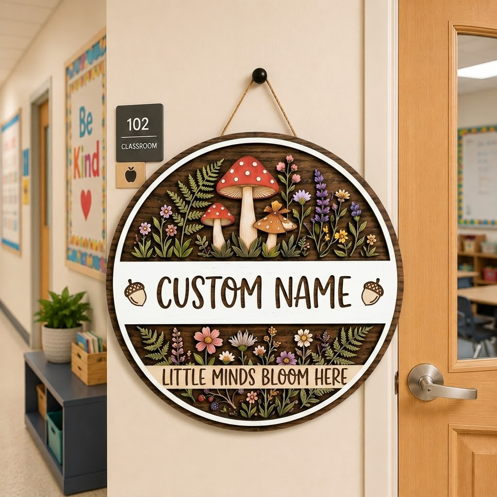 Personalized Teacher Sign, Woodland Classroom Decor, Mushroom Forest Wooden Sign