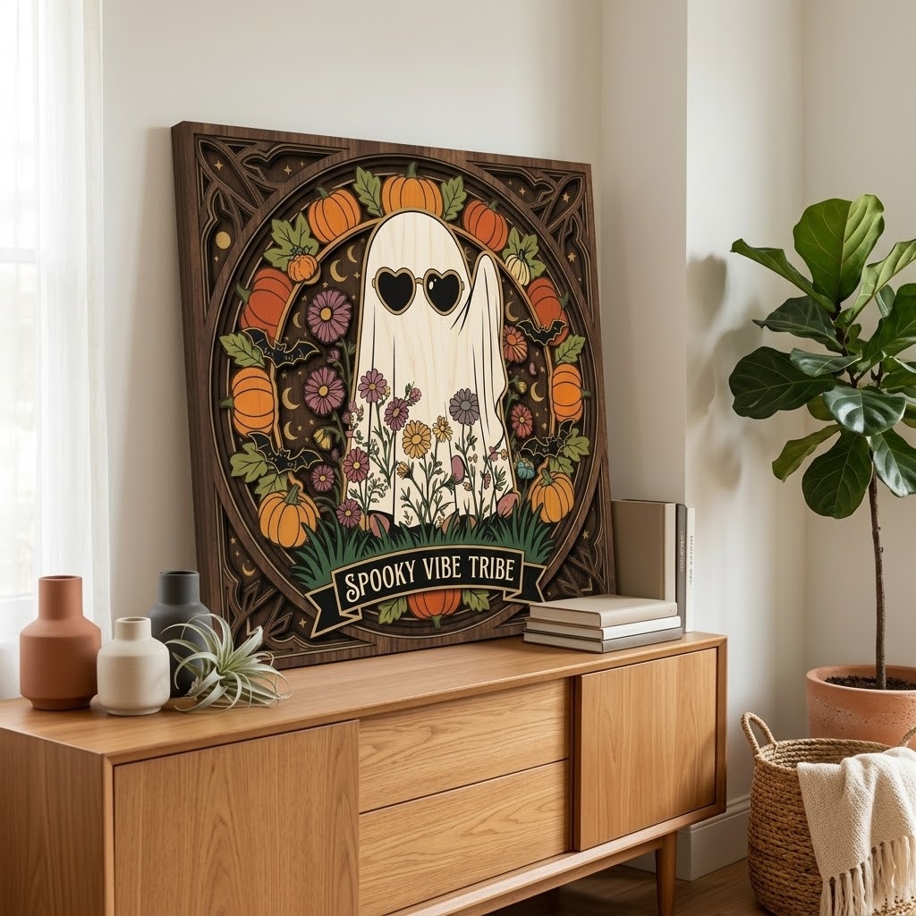 Cute Ghost Wooden Wall Decor, Boho Floral Halloween Art, Pastel Botanical Sign