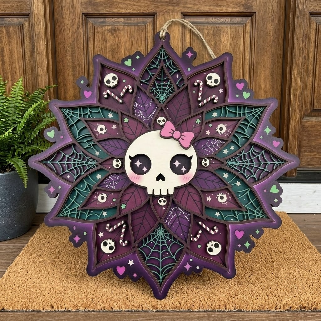Cute Skull Witch Mandala Wooden Sign, Kawaii Halloween Pastel Goth Decor