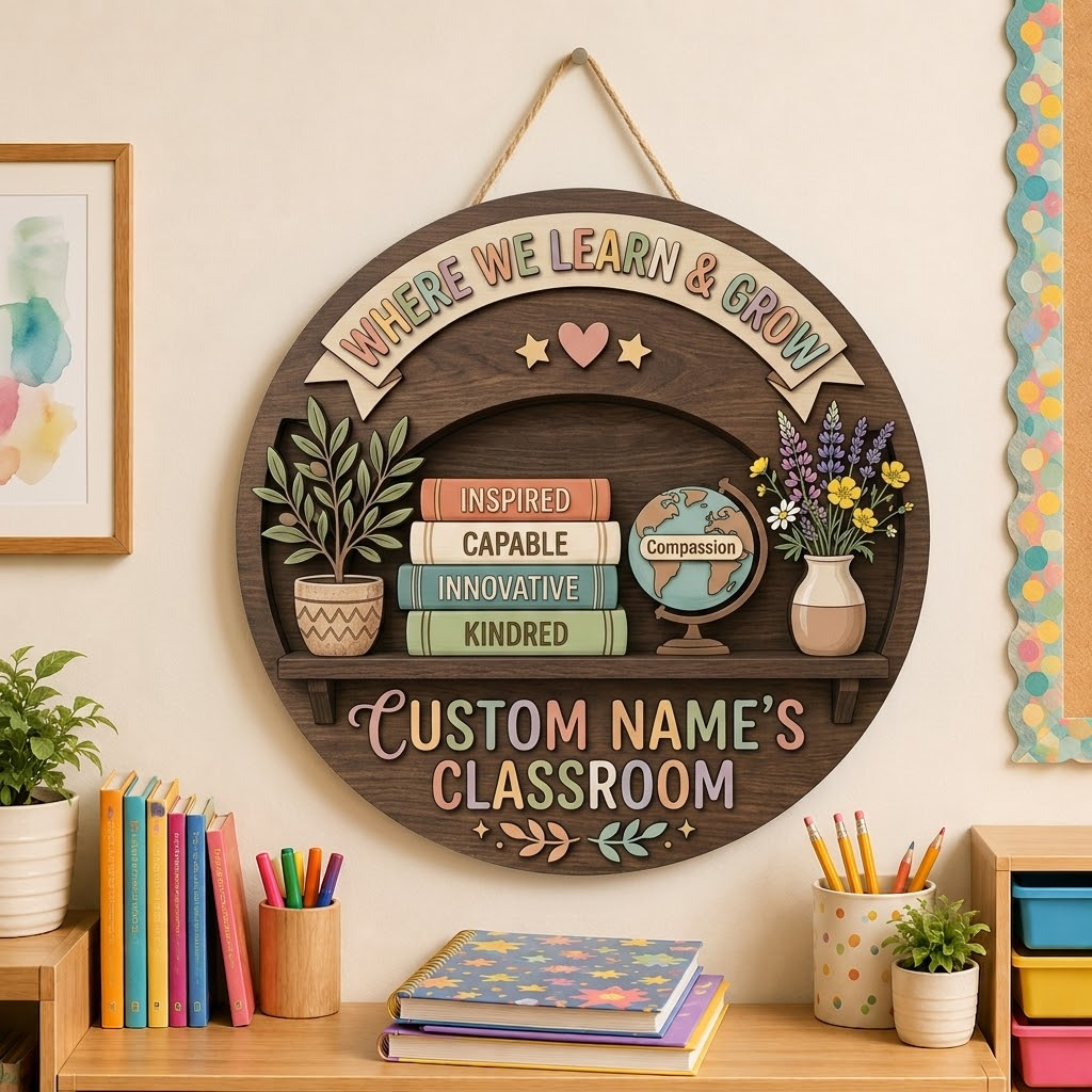 Personalized Classroom Sign, Inspirational Teacher Wooden Decor, Custom Name Plaque