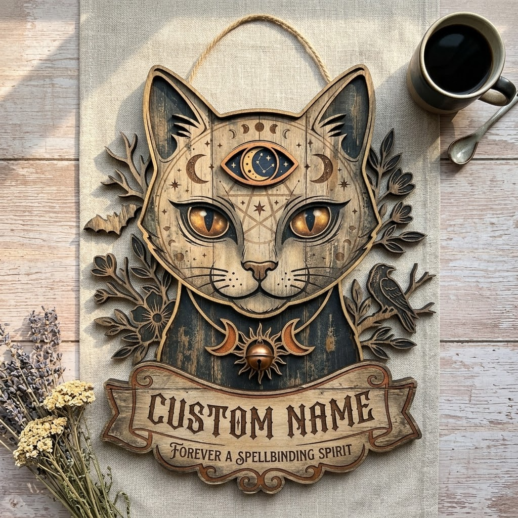 Black Cat Sign, Witchy Halloween Decor, Celestial Cat Door Hanger