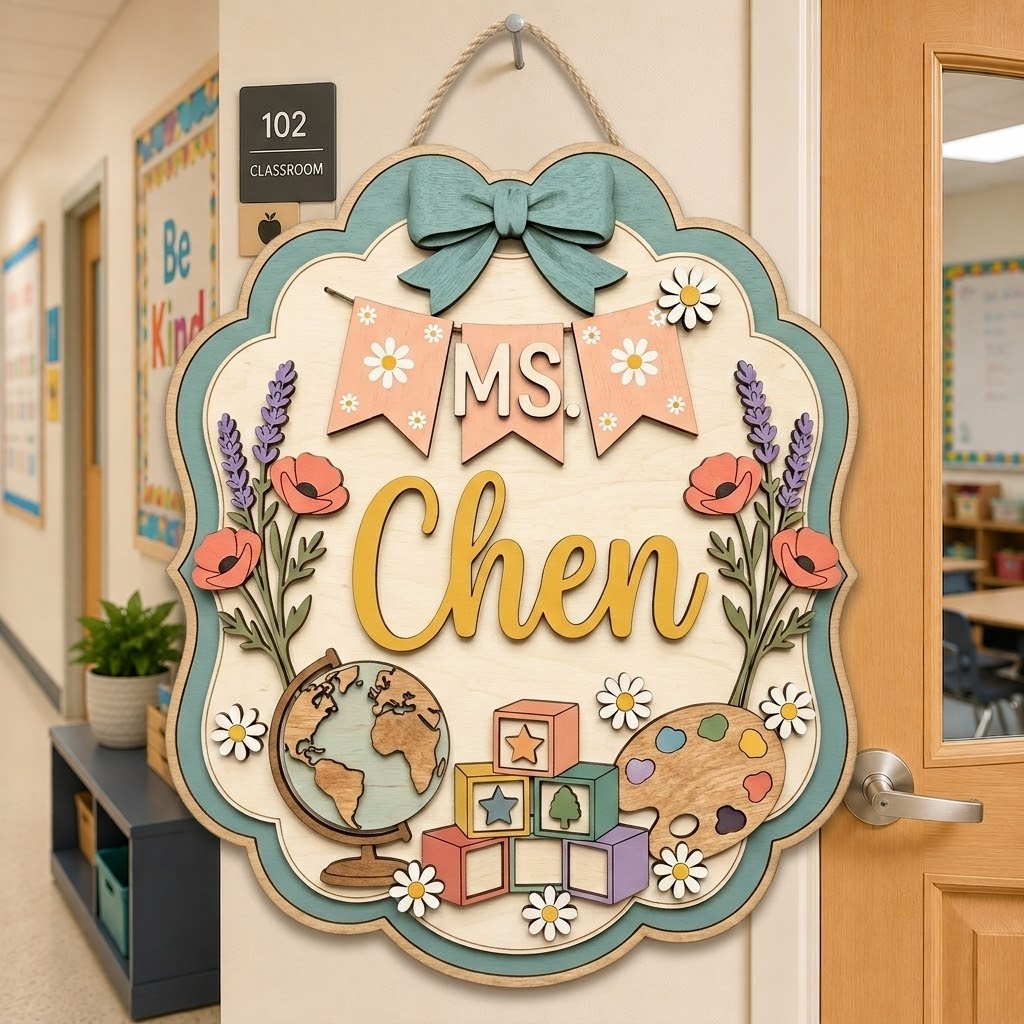 Teacher Name Sign, Personalized Classroom Door Decor, Boho Pastel Gift For Teacher