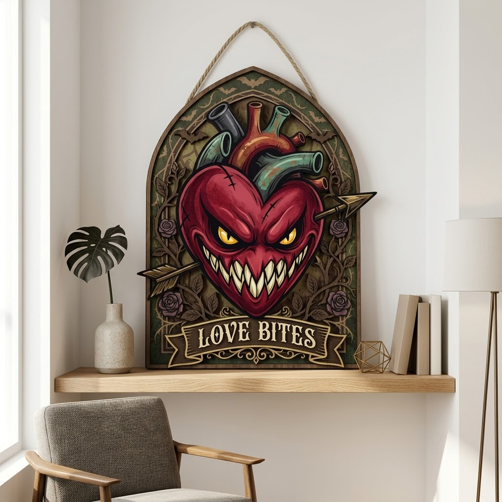 Evil Heart Wooden Wall Decor Gothic Anatomical Spooky Halloween Sign