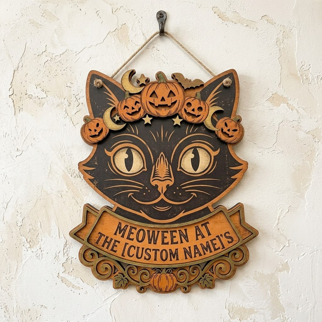 Cat Door Hanger, Halloween Pumpkin Cat Sign, Jack O Lantern Decor