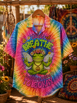 Peace Frog Tie Dye Hawaiian Shirt Front Flat Lay