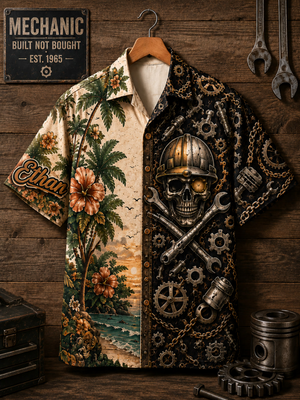 Hard Hat Skull Hawaiian Shirt Front Flat Lay