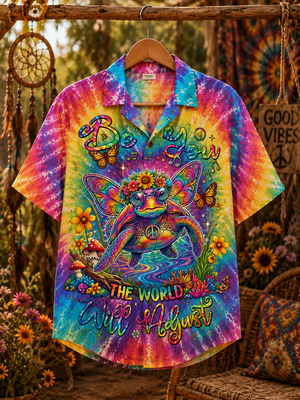 Peace Turtle Tie Dye Hawaiian Shirt Front Flat Lay