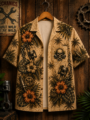 Mechanic Skull Hawaiian Shirt Front Flat Lay