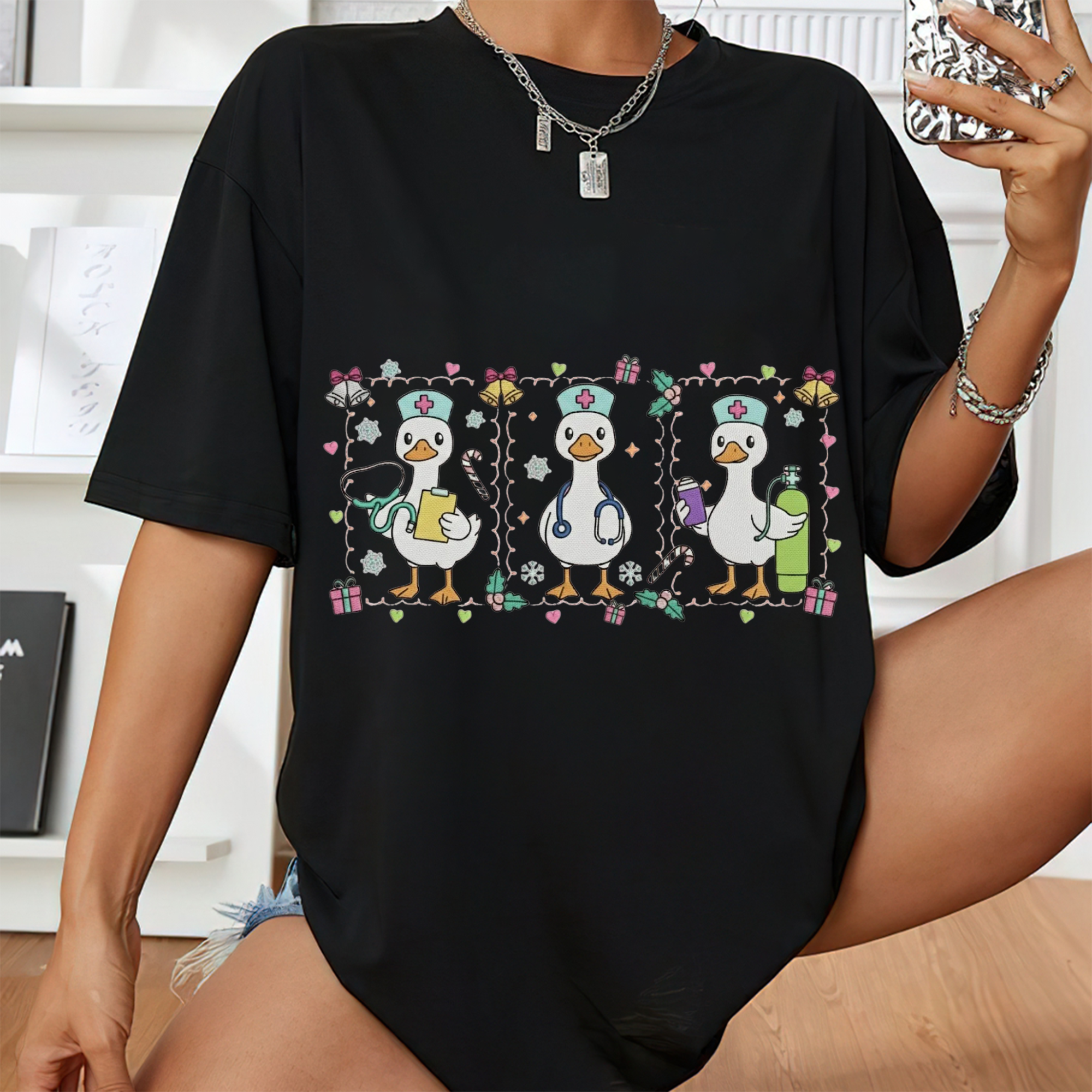 Nurse Christmas Goose Embroidery T-Shirt