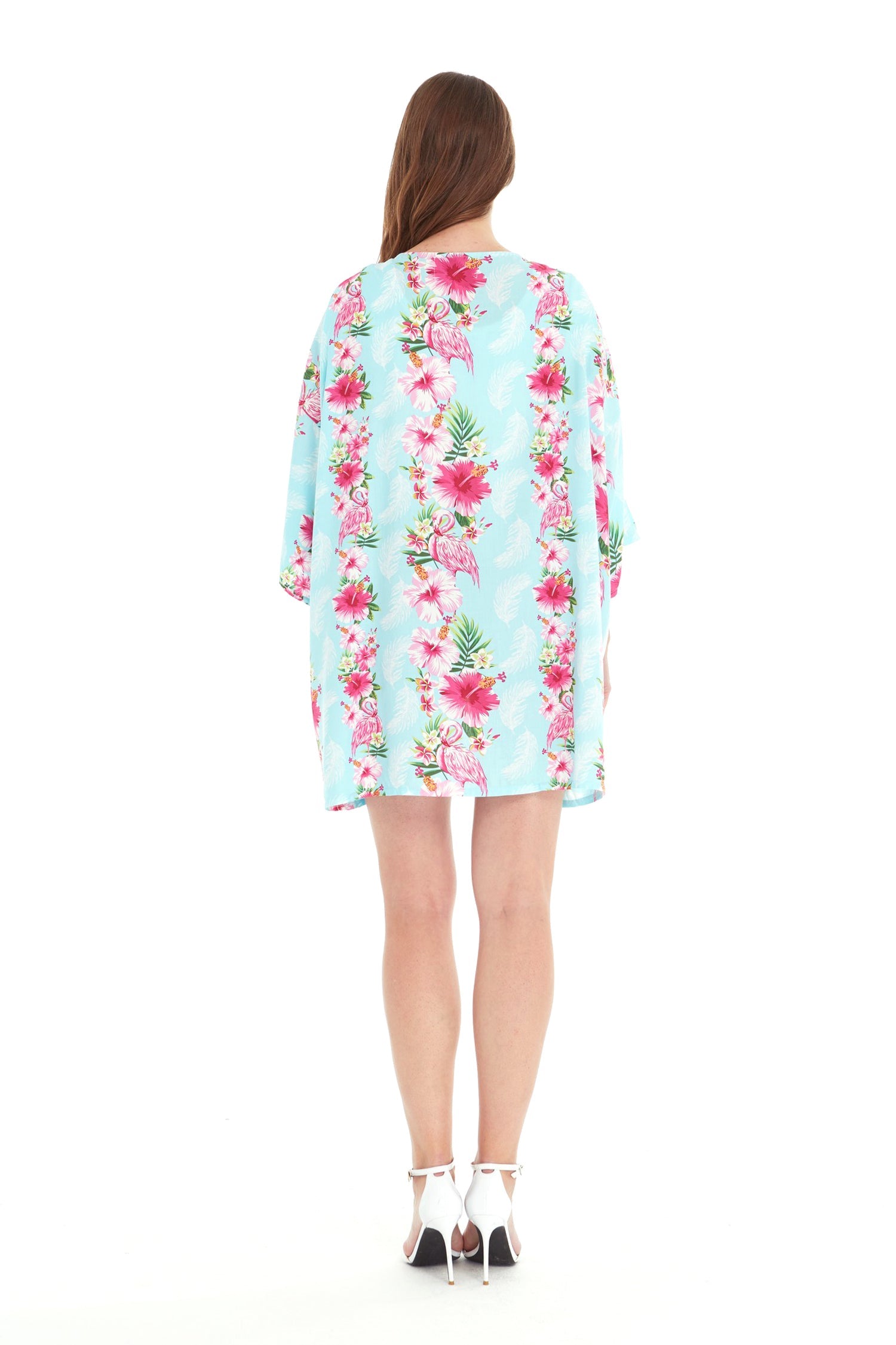 Women's Lightweight Kimono in Pink Hibiscus Vine Turquoise