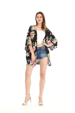 Women's Lightweight Kimono in Hibiscus Black