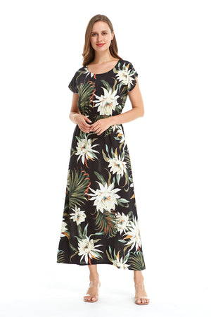 Women's Cap Sleeve Simple Dress Wispy Cereus Black