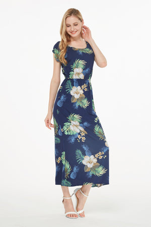 Women's Cap Sleeve Simple Dress Pineapple Garden Navy