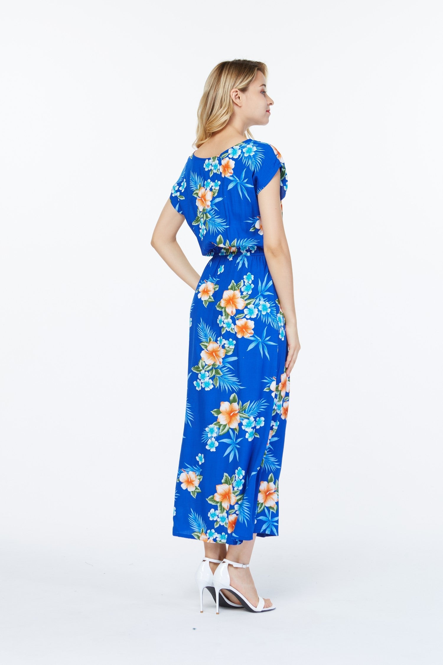 Women's Cap Sleeve Simple Dress Hibiscus Blue