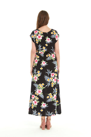 Women's Cap Sleeve Maxi Simple Dress Hibiscus Black