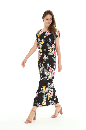 Women's Cap Sleeve Maxi Simple Dress Hibiscus Black