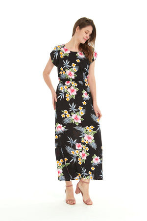 Women's Cap Sleeve Maxi Simple Dress Hibiscus Black