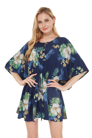 Women's Short Poncho Dress Pineapple Garden Navy