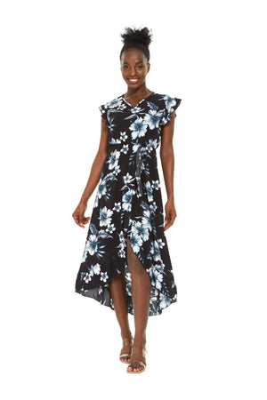 Women's Wrap Ruffle Dress in Midnight Bloom Black