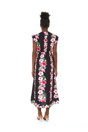 Women's Wrap Ruffle Dress in Pink Hibiscus Vine Black