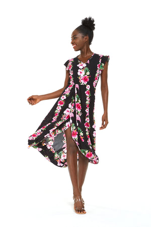 Women's Wrap Ruffle Dress in Pink Hibiscus Vine Black