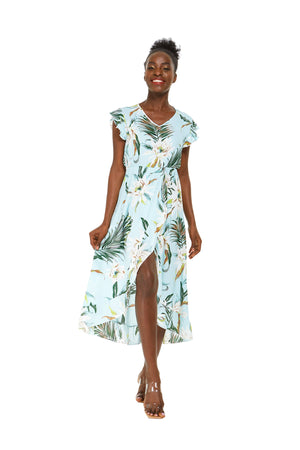 Women's Wrap Ruffle Dress in Wispy Cereus Blue