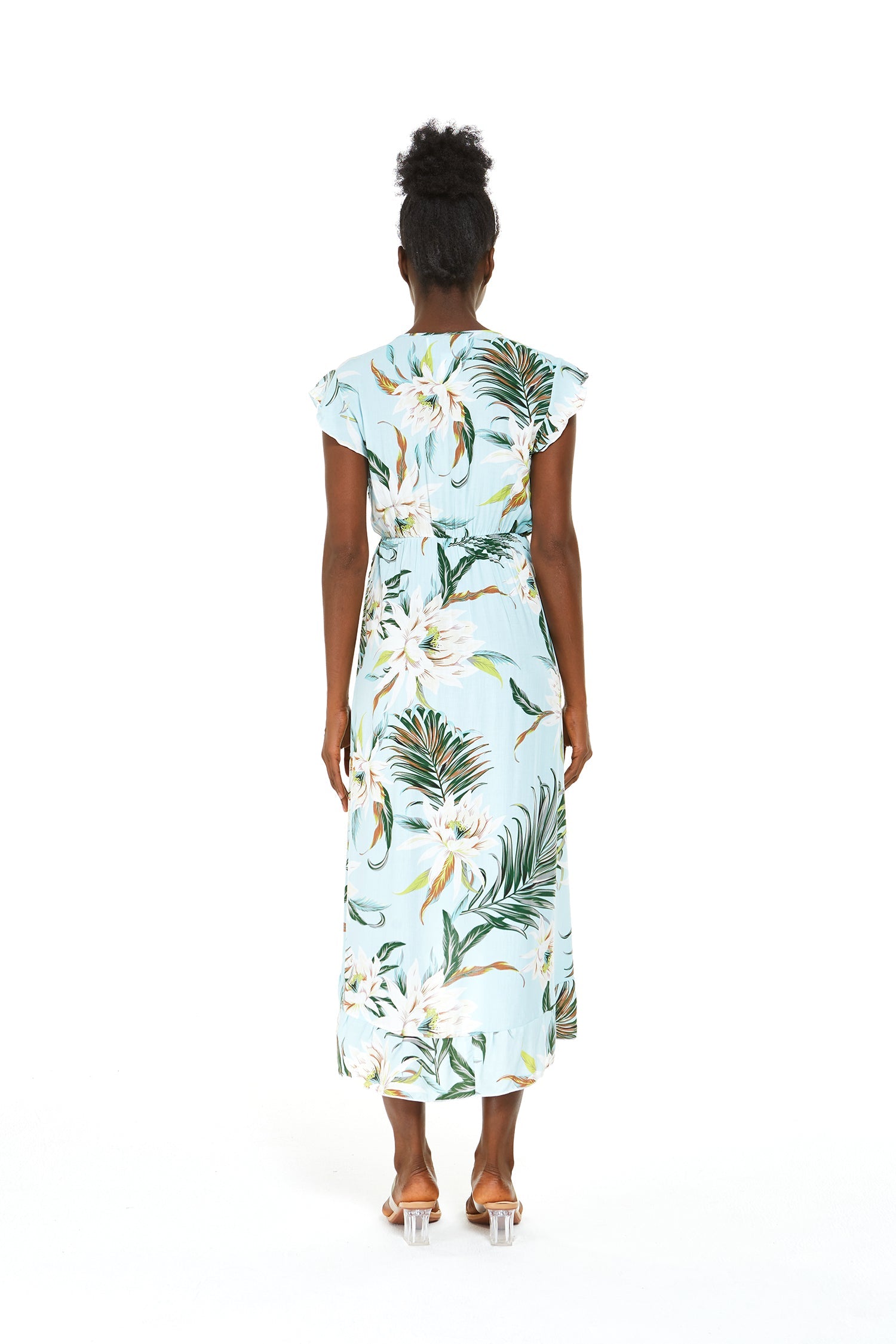 Women's Wrap Ruffle Dress in Wispy Cereus Blue
