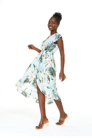 Women's Wrap Ruffle Dress in Wispy Cereus Blue
