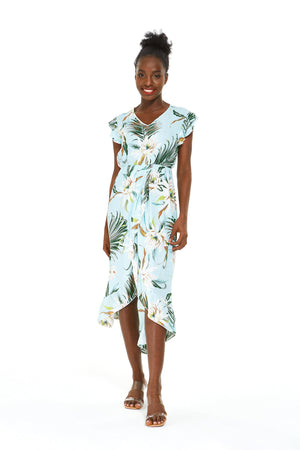 Women's Wrap Ruffle Dress in Wispy Cereus Blue