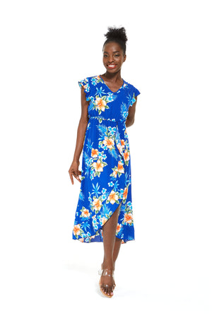 Women's Wrap Ruffle Dress in Hibiscus Blue
