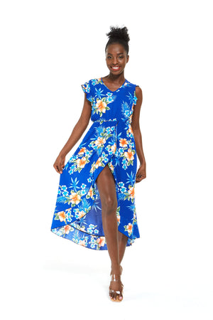Women's Wrap Ruffle Dress in Hibiscus Blue