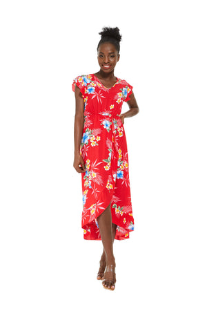 Women's Wrap Ruffle Dress in Hibiscus Red