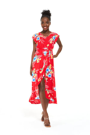 Women's Wrap Ruffle Dress in Hibiscus Red