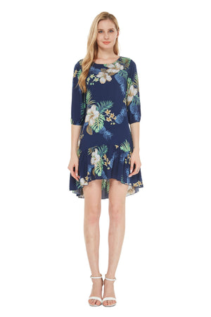 Women's 3/4 Sleeve Ruffle Dress in Pineapple Garden Navy