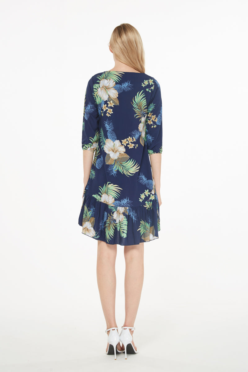 Women's 3/4 Sleeve Ruffle Dress in Pineapple Garden Navy