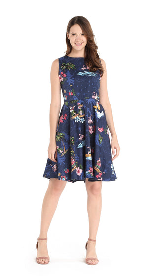 Women's Vintage Fit and Flare Dress in Christmas Santa Navy