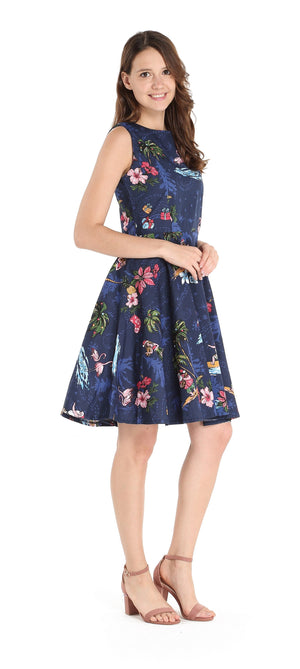 Women's Vintage Fit and Flare Dress in Christmas Santa Navy