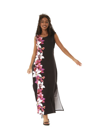 Women's Maxi Tank Dress in Watercolor Orchid in Black with Pink