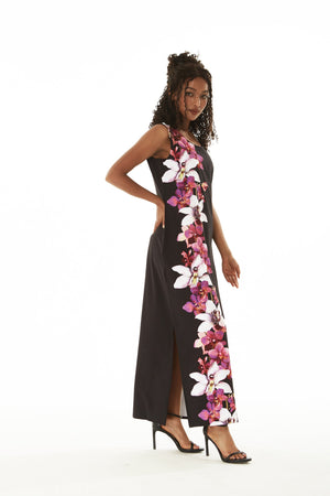 Women's Maxi Tank Dress in Watercolor Orchid in Black with Pink