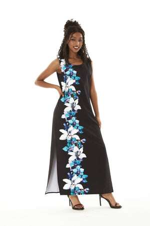 Women's Maxi Tank Dress in Watercolor Orchid in Black with Turquoise